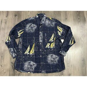 Vintage 90s Nautica Shirt Mens 2XL Blue Sail World Map AOP Sailboat Button Up